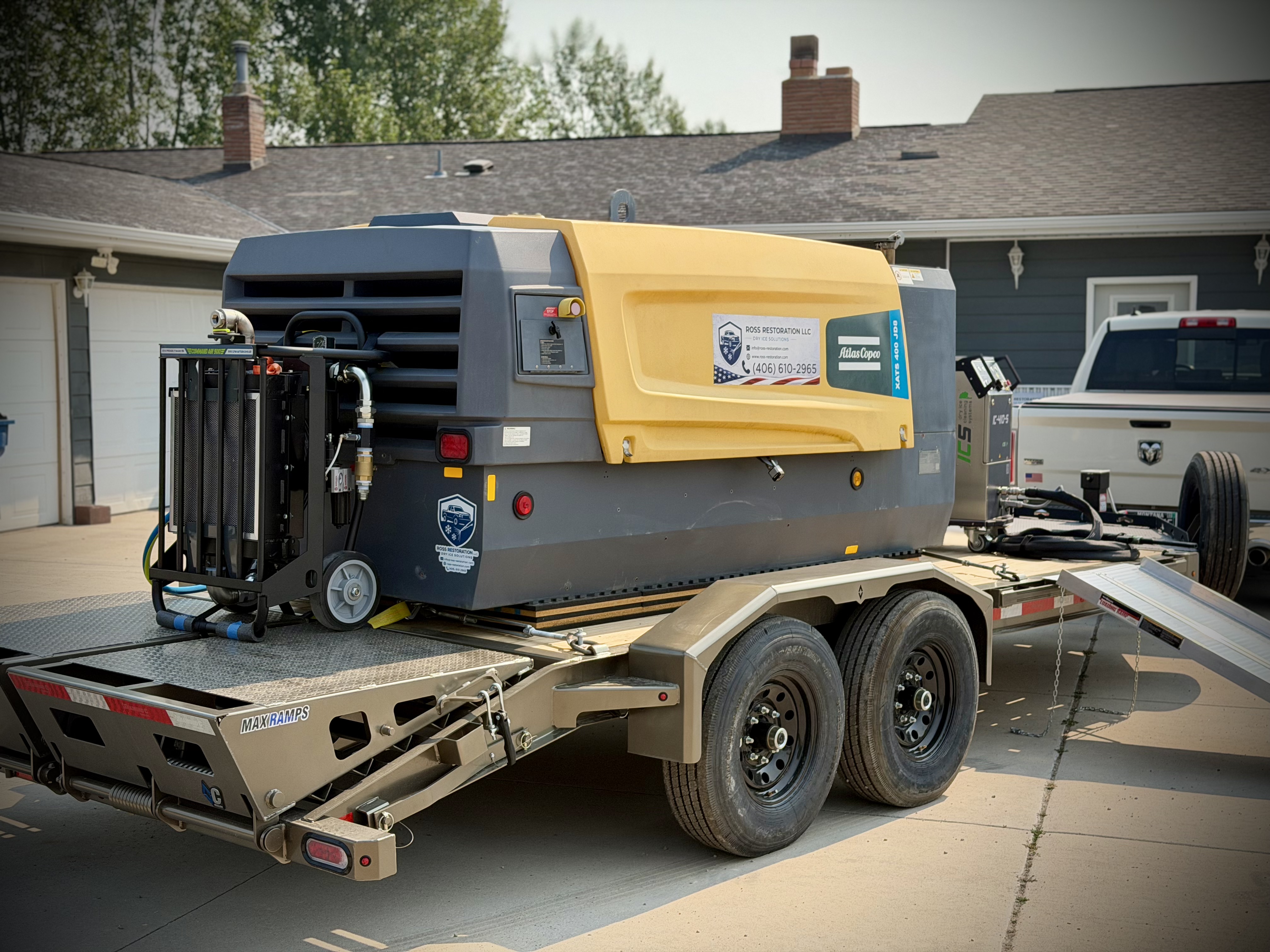 Atlas Copco XATS 400 compressor with aftercooler on trailer — Ross Restoration mobile rig