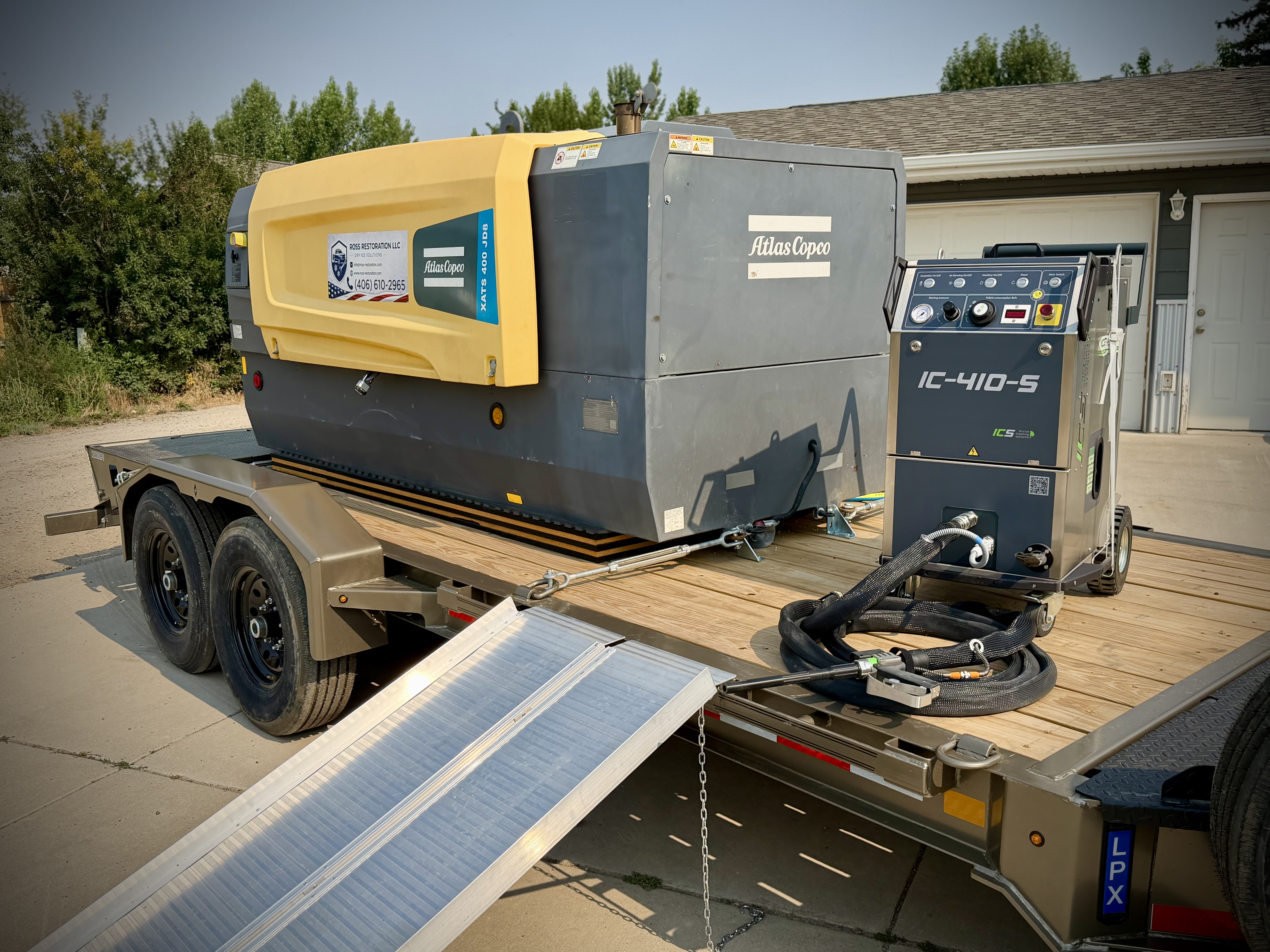 Atlas Copco XATS 400 and ICS IC-410-S blasting unit on trailer — complete Ross Restoration rig
