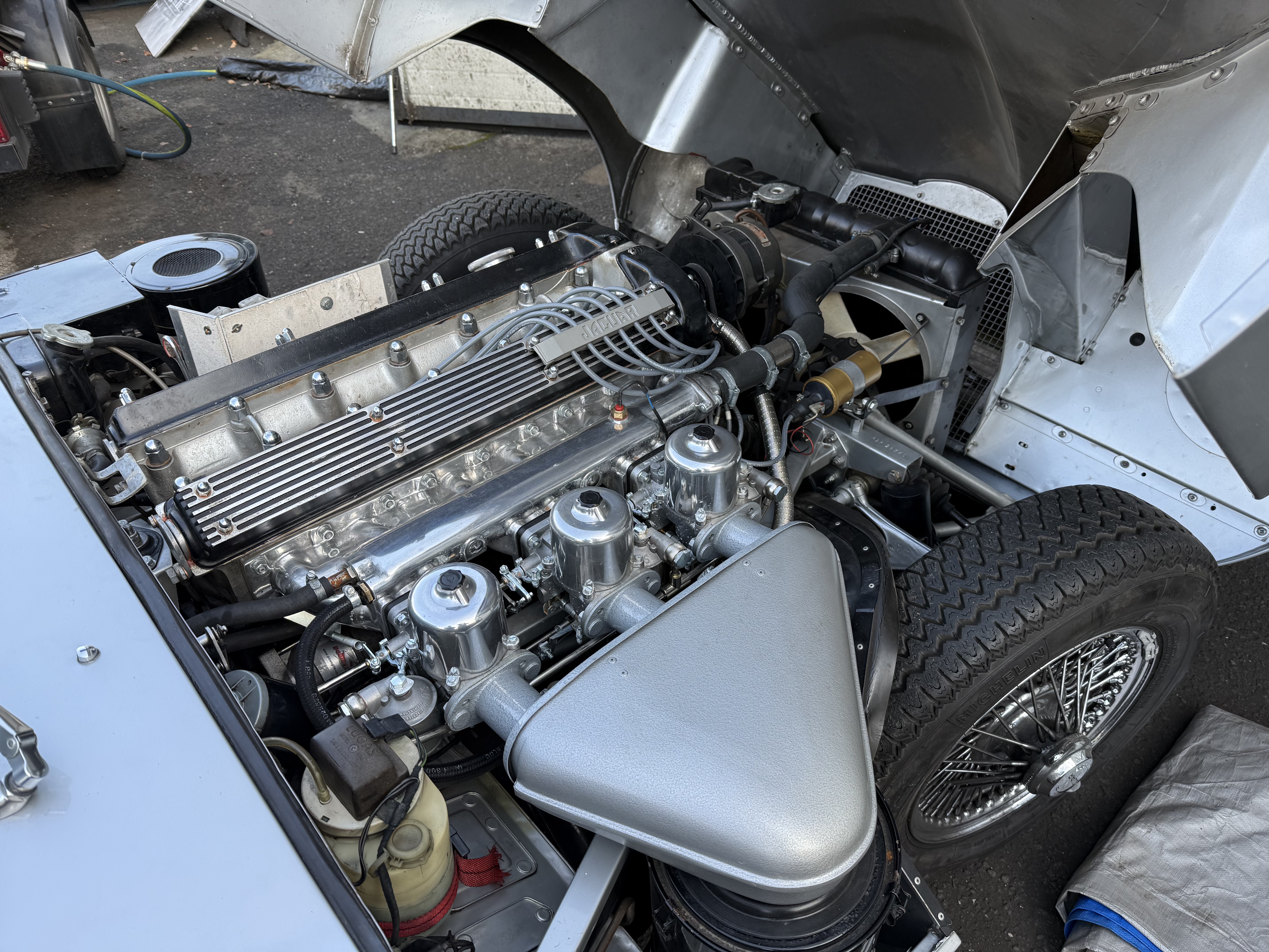 Jaguar classic car engine bay after dry ice blasting